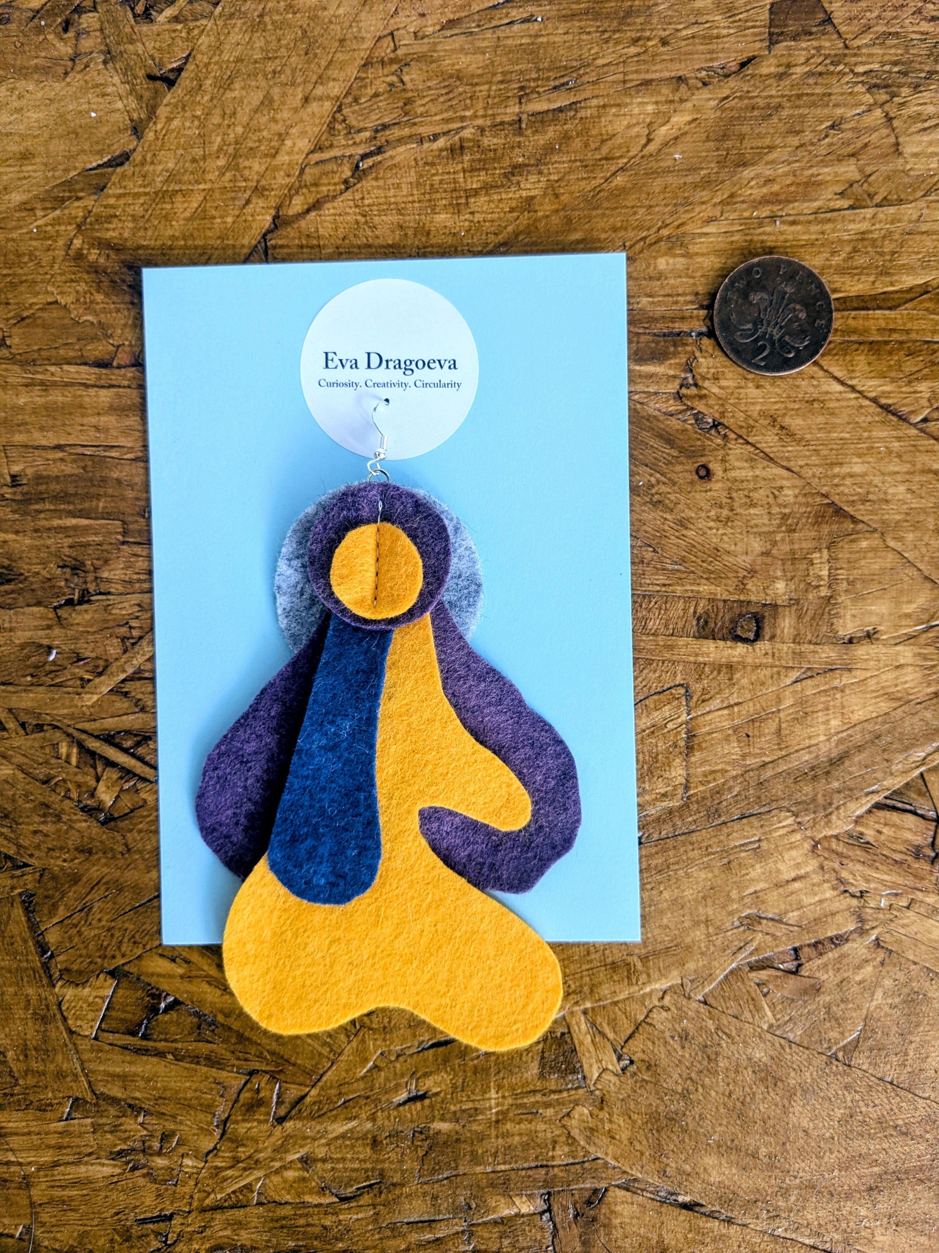 Single statement felt earrings in orange, purple, grey and blue