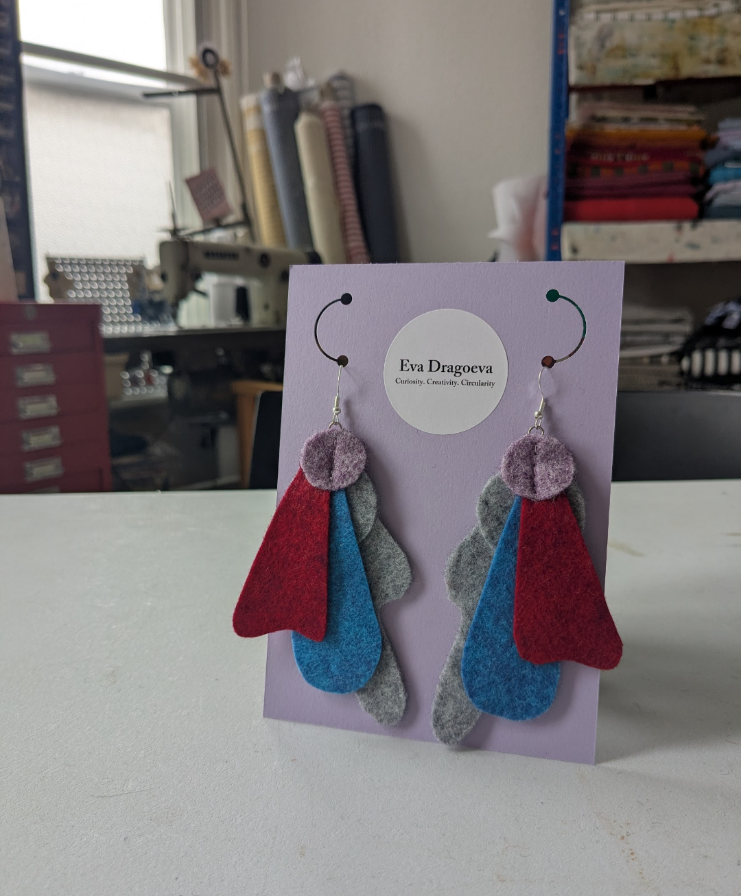 Heathered felt earrings in blue, red, purple and grey