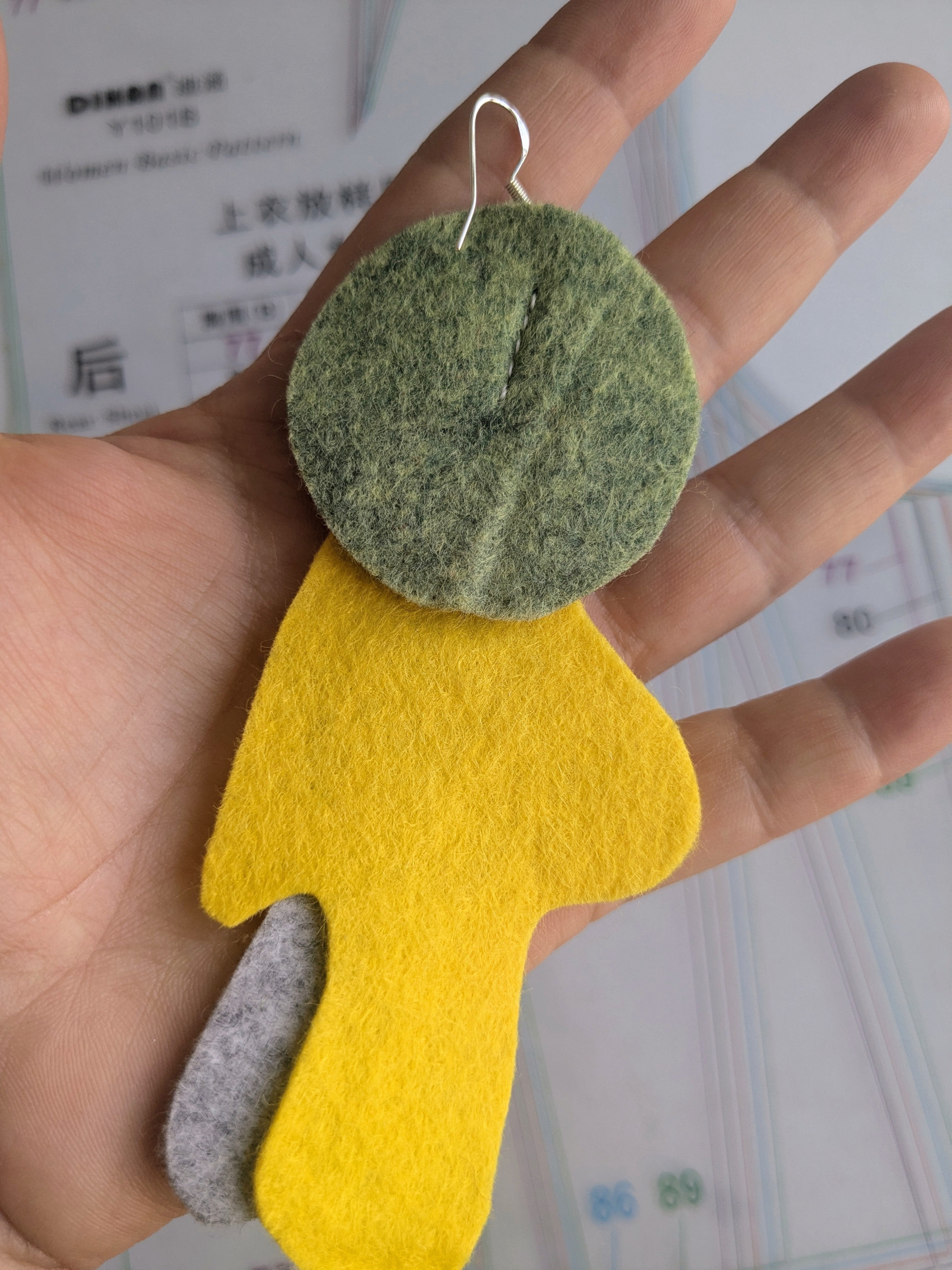 Single abstract felt earring in yellow, purple, blue, green and grey