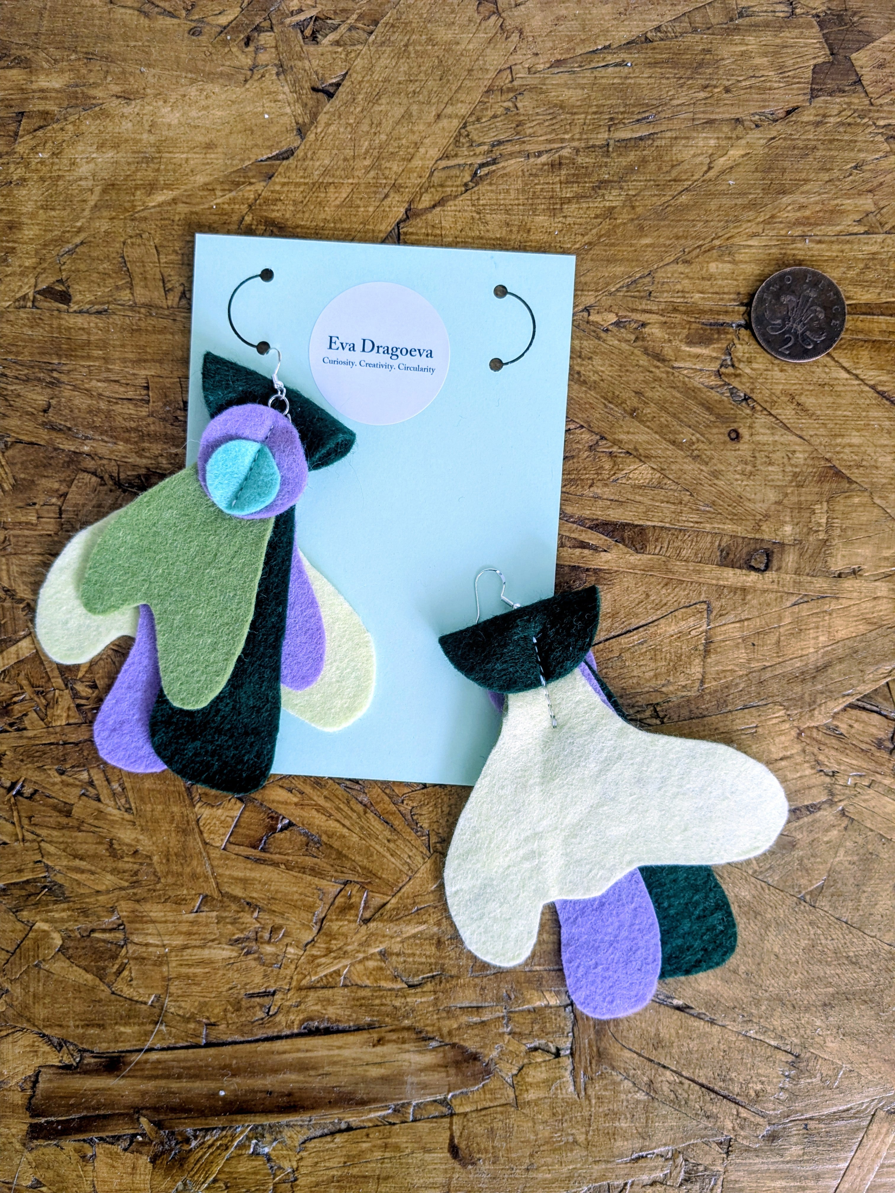 Large statement felt earrings in purple, yellow and green