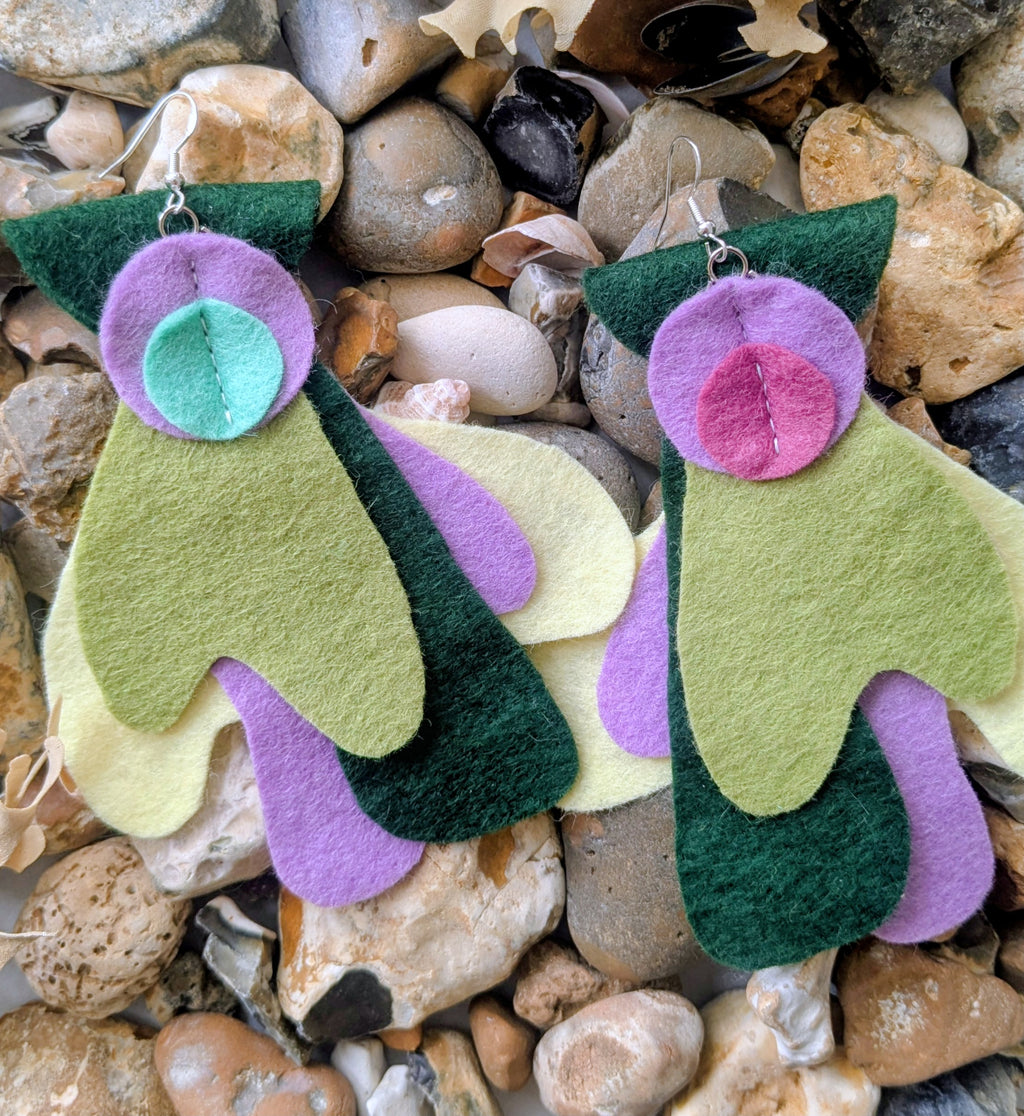 Large statement felt earrings in purple, yellow and green