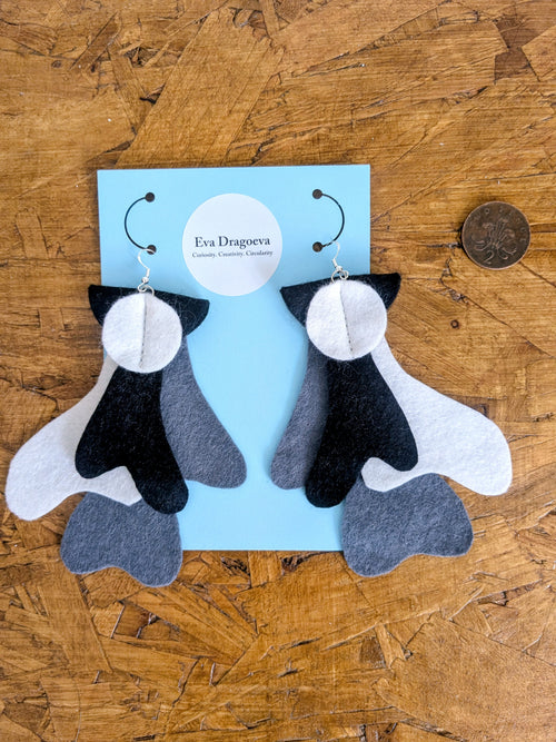 Large statement felt earrings in black, white and grey