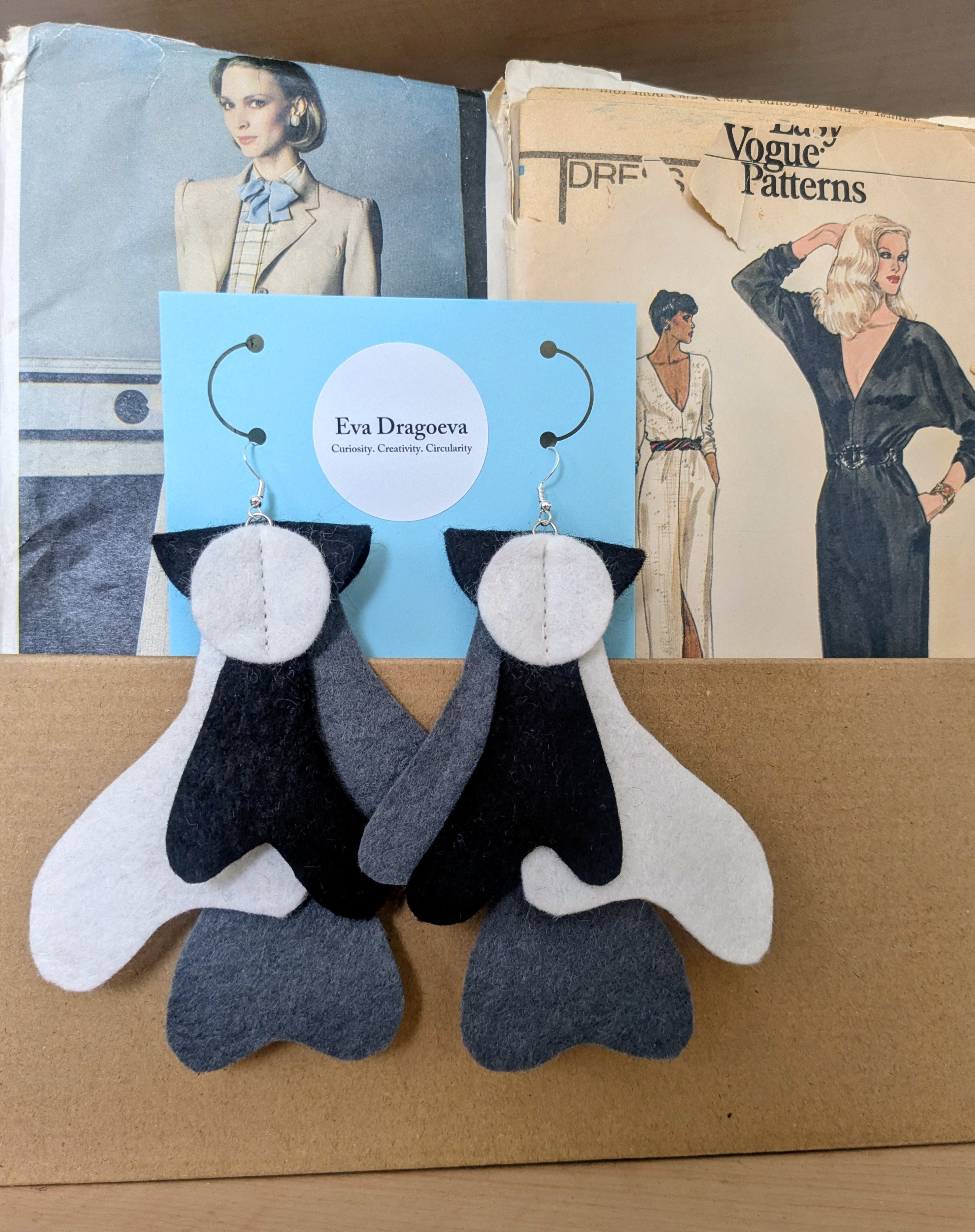 Large statement felt earrings in black, white and grey