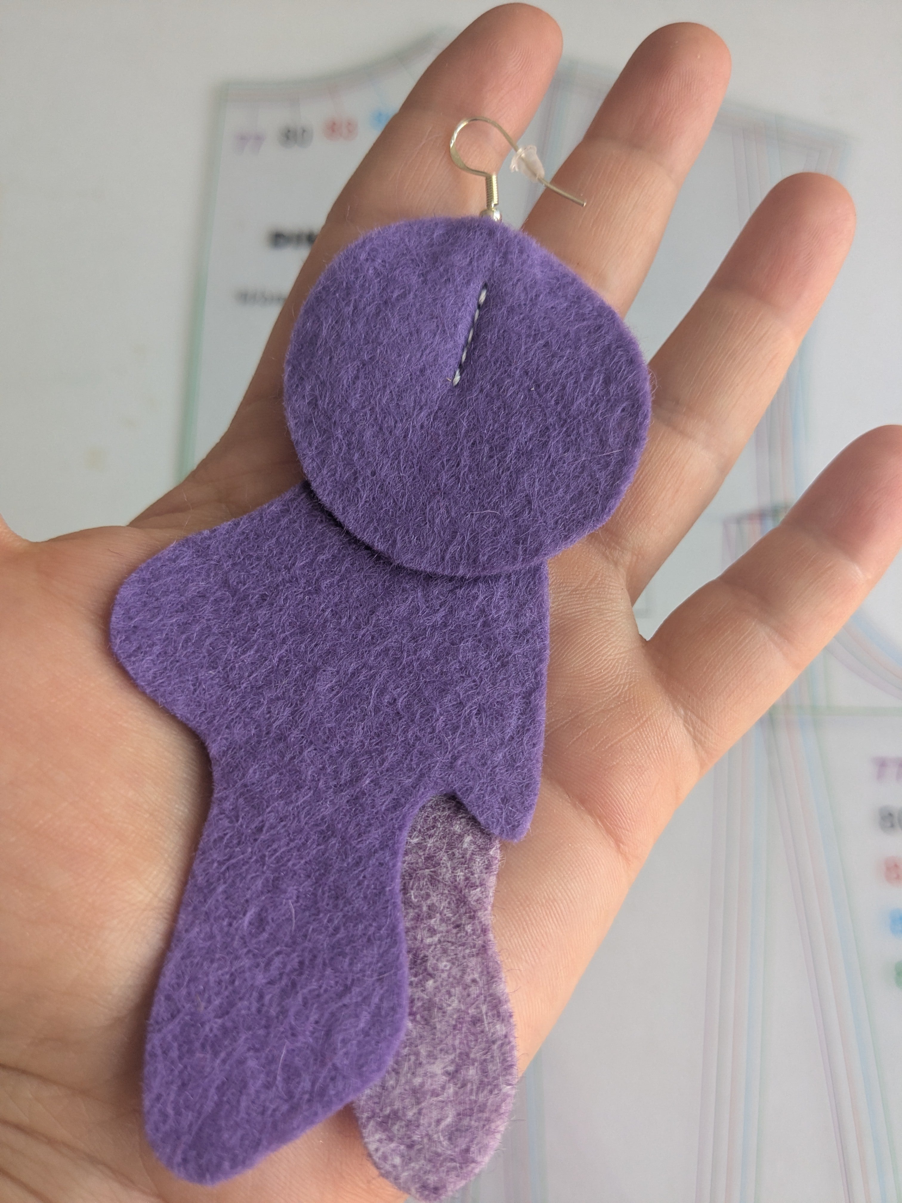 Single abstract felt earring in purple, blue and ochre