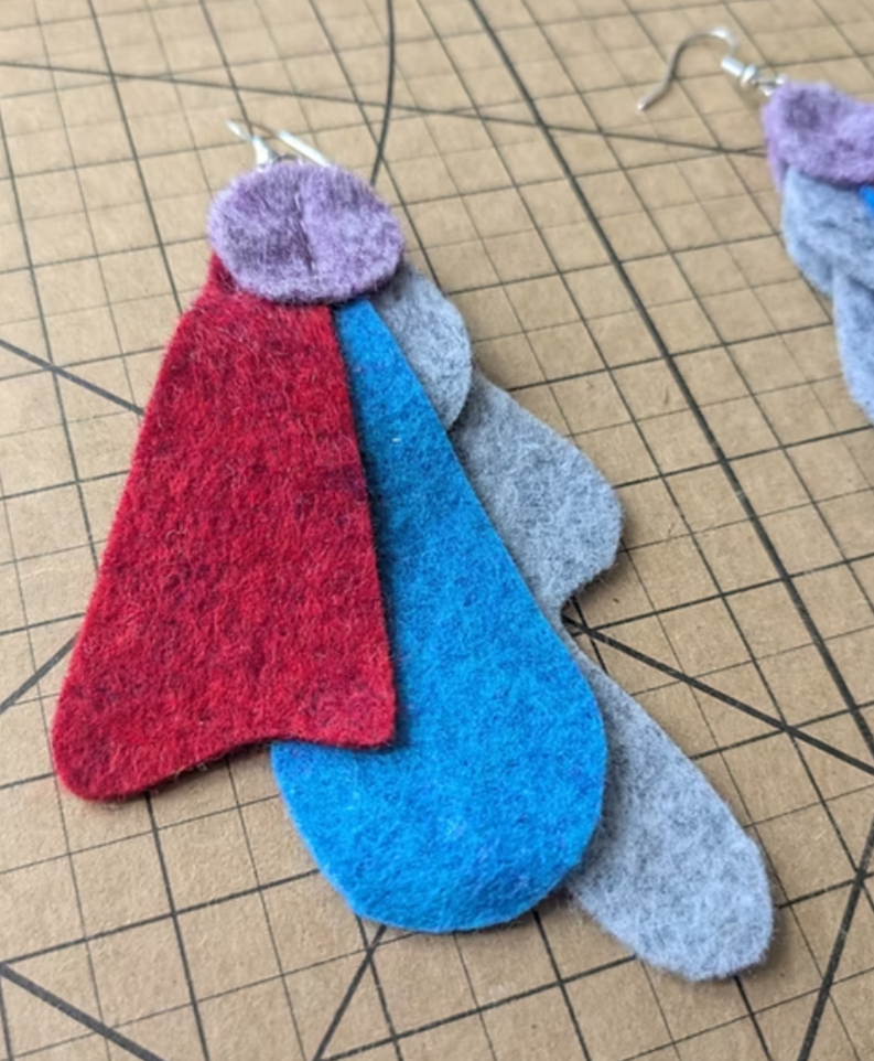 Heathered felt earrings in blue, red, purple and grey
