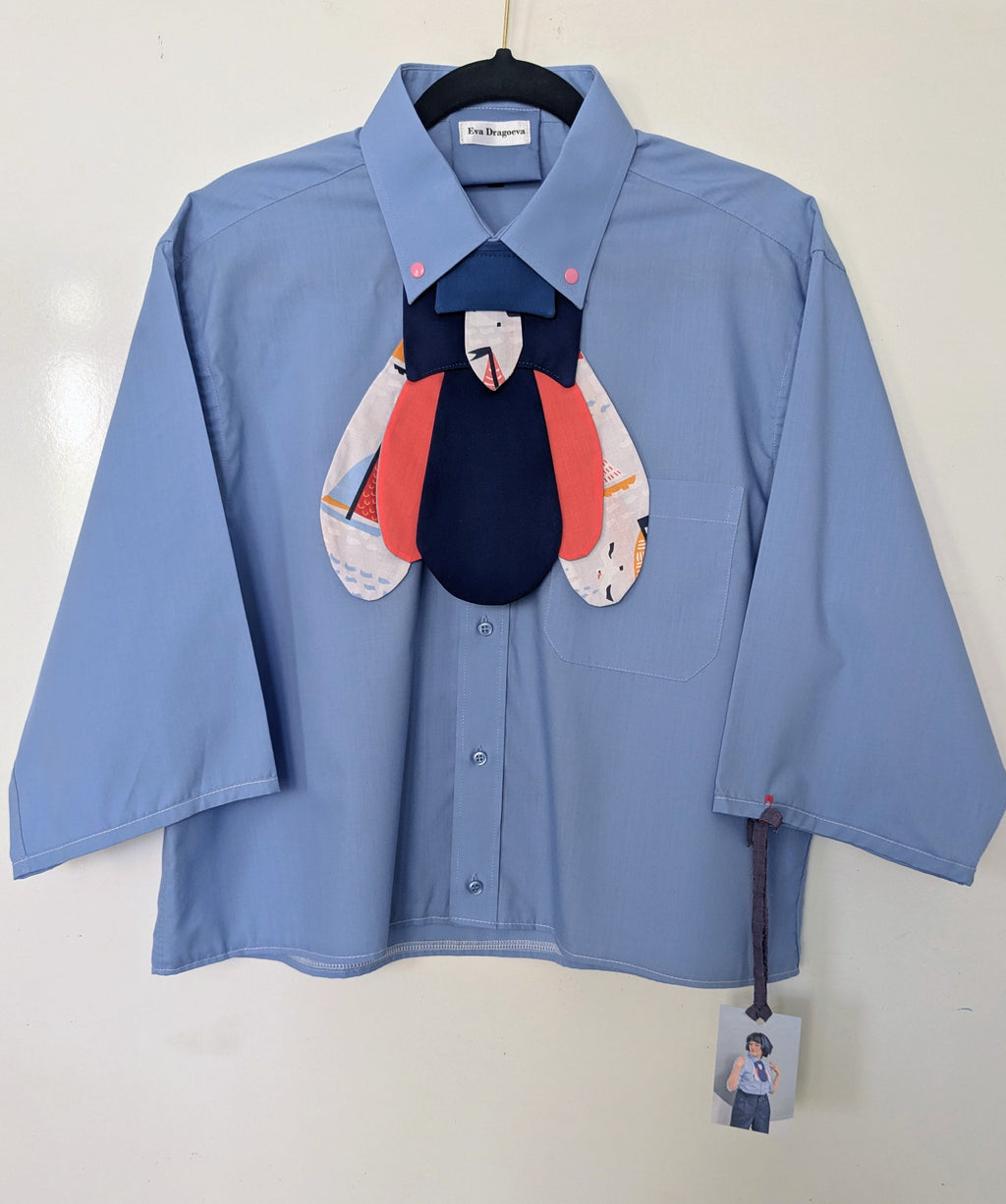 Upcycled cropped blue shirt with pink clicks and futuristic nautical bug attachable