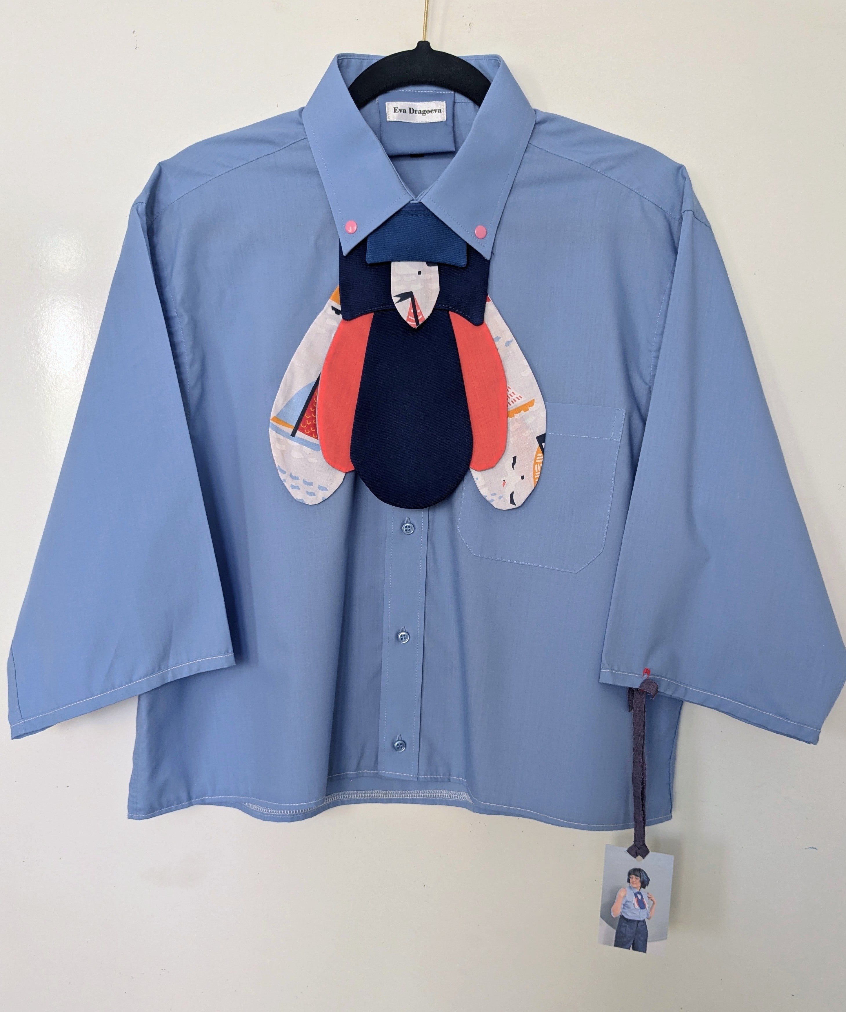 Upcycled cropped blue shirt with pink clicks and futuristic nautical bug attachable