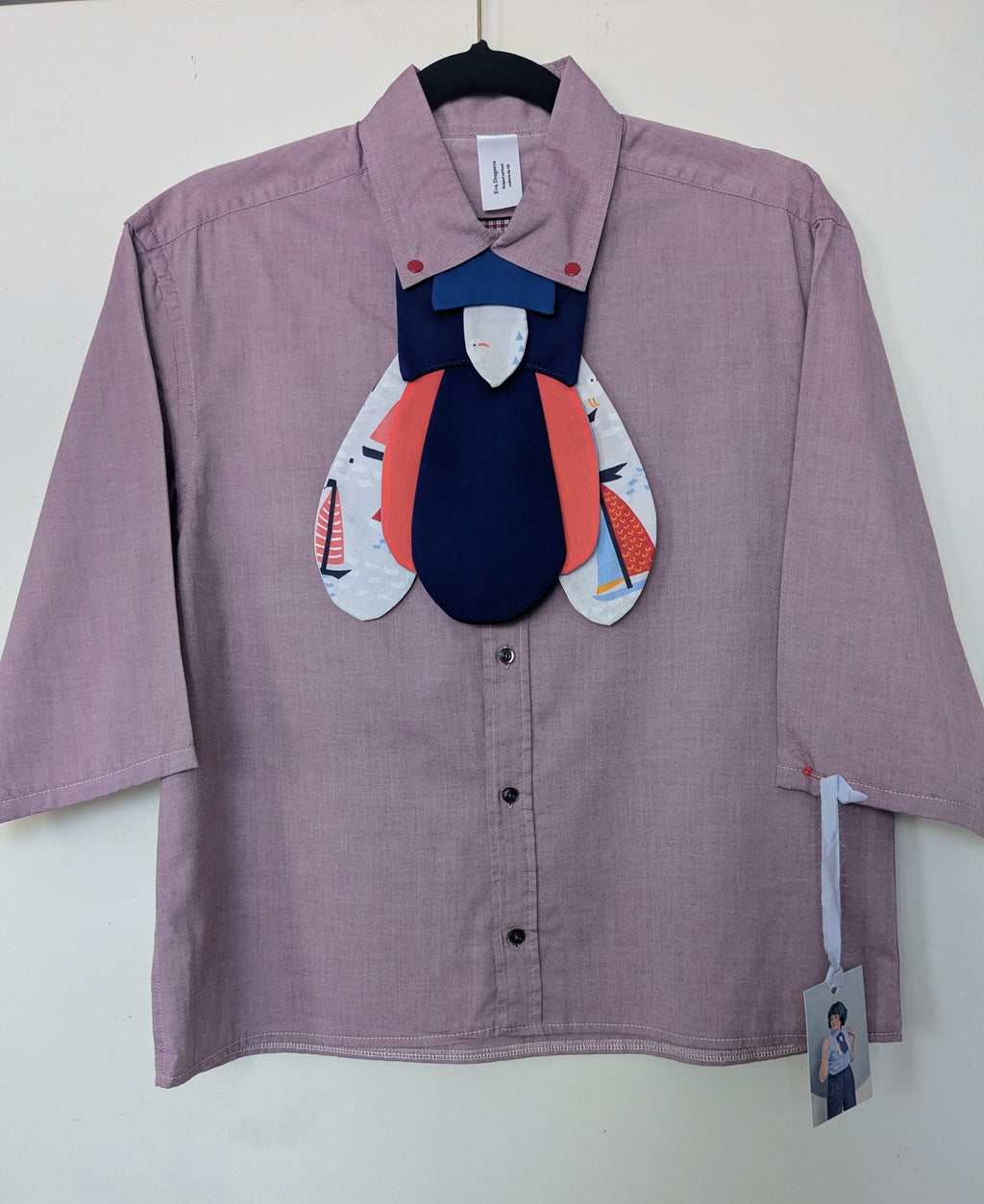 Upcycled cropped light pink shirt with red clicks and futuristic nautical bug attachable
