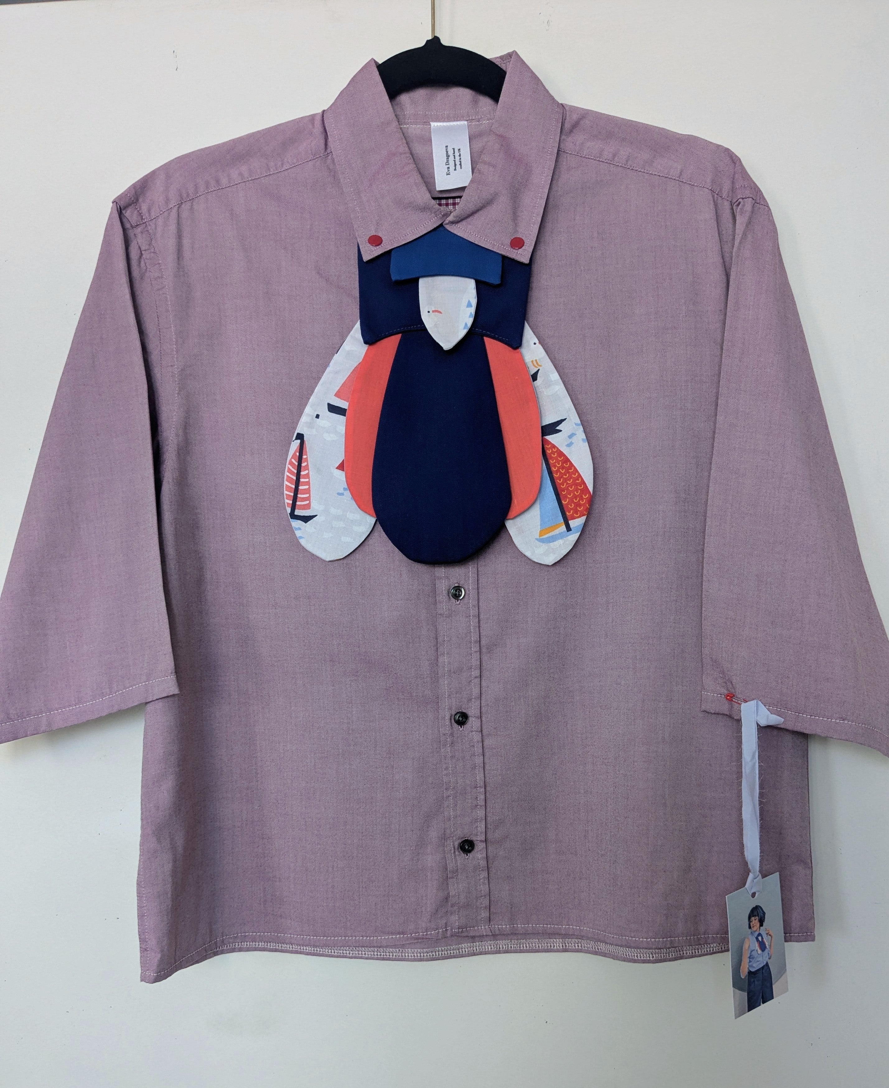 Upcycled cropped light pink shirt with red clicks and futuristic nautical bug attachable