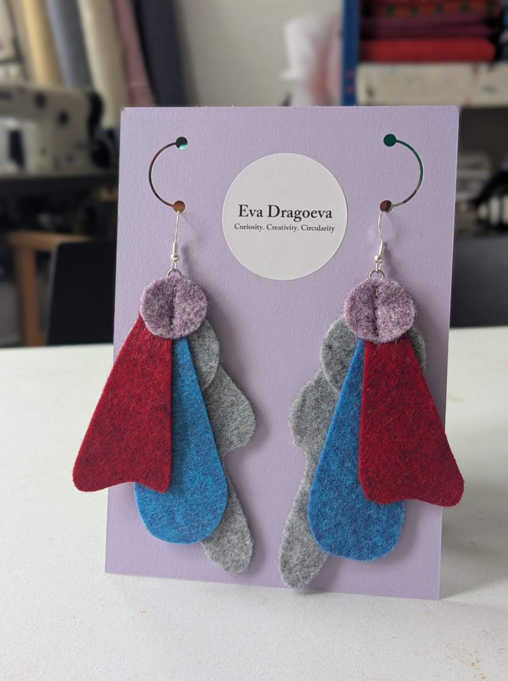 Heathered felt earrings in blue, red, purple and grey