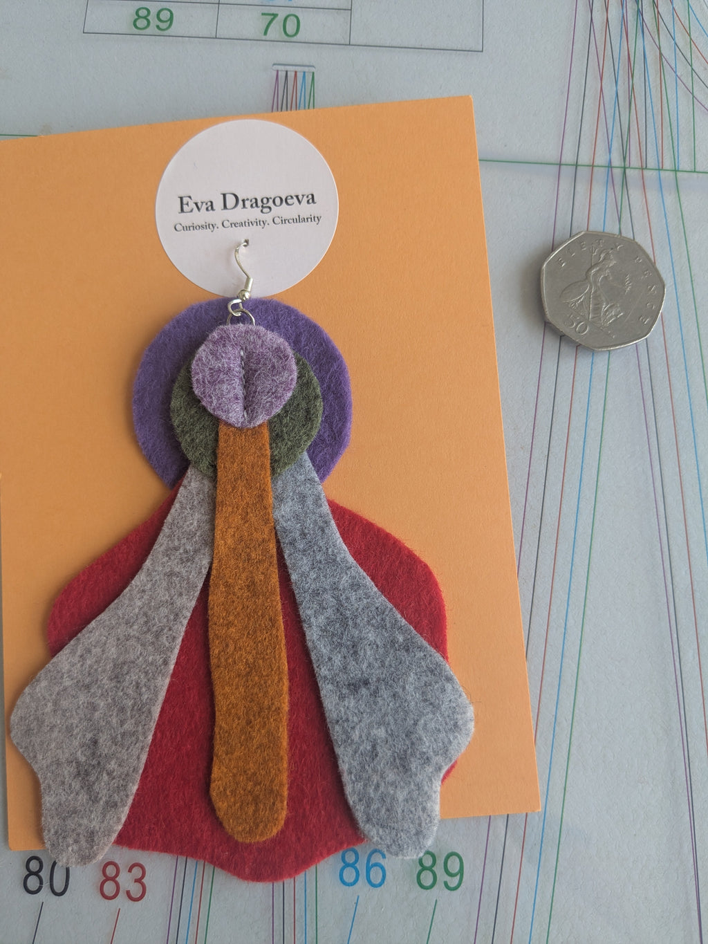 Single abstract felt earring in red, orange, purple and grey
