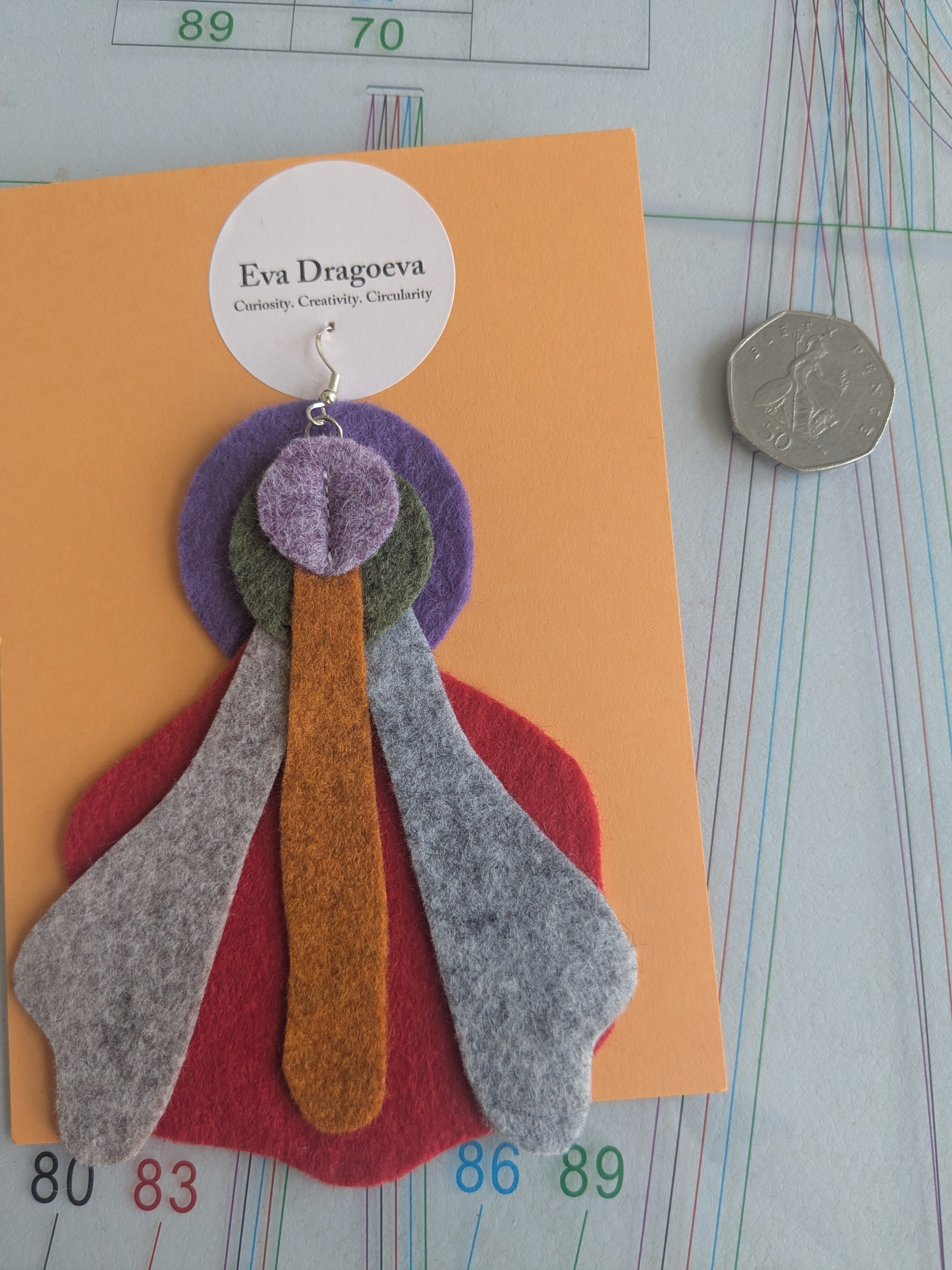 Single abstract felt earring in red, orange, purple and grey