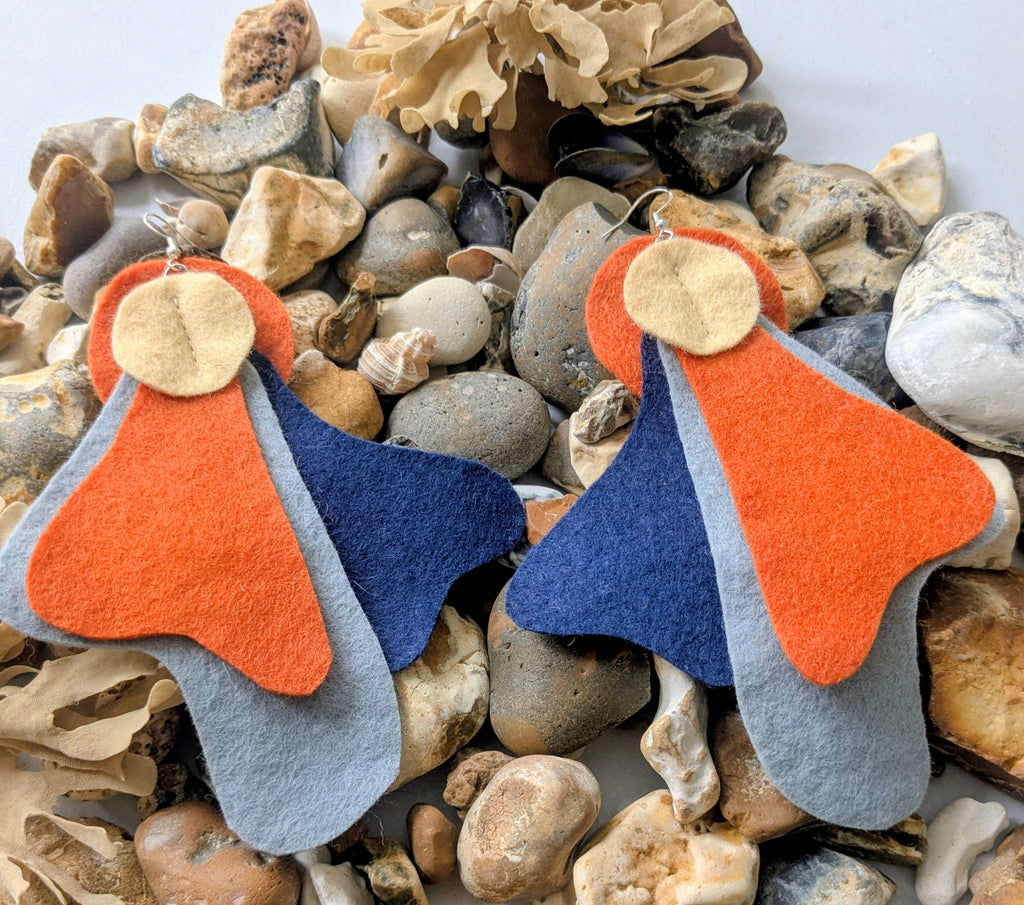 Large statement felt earrings in navy, yellow and orange