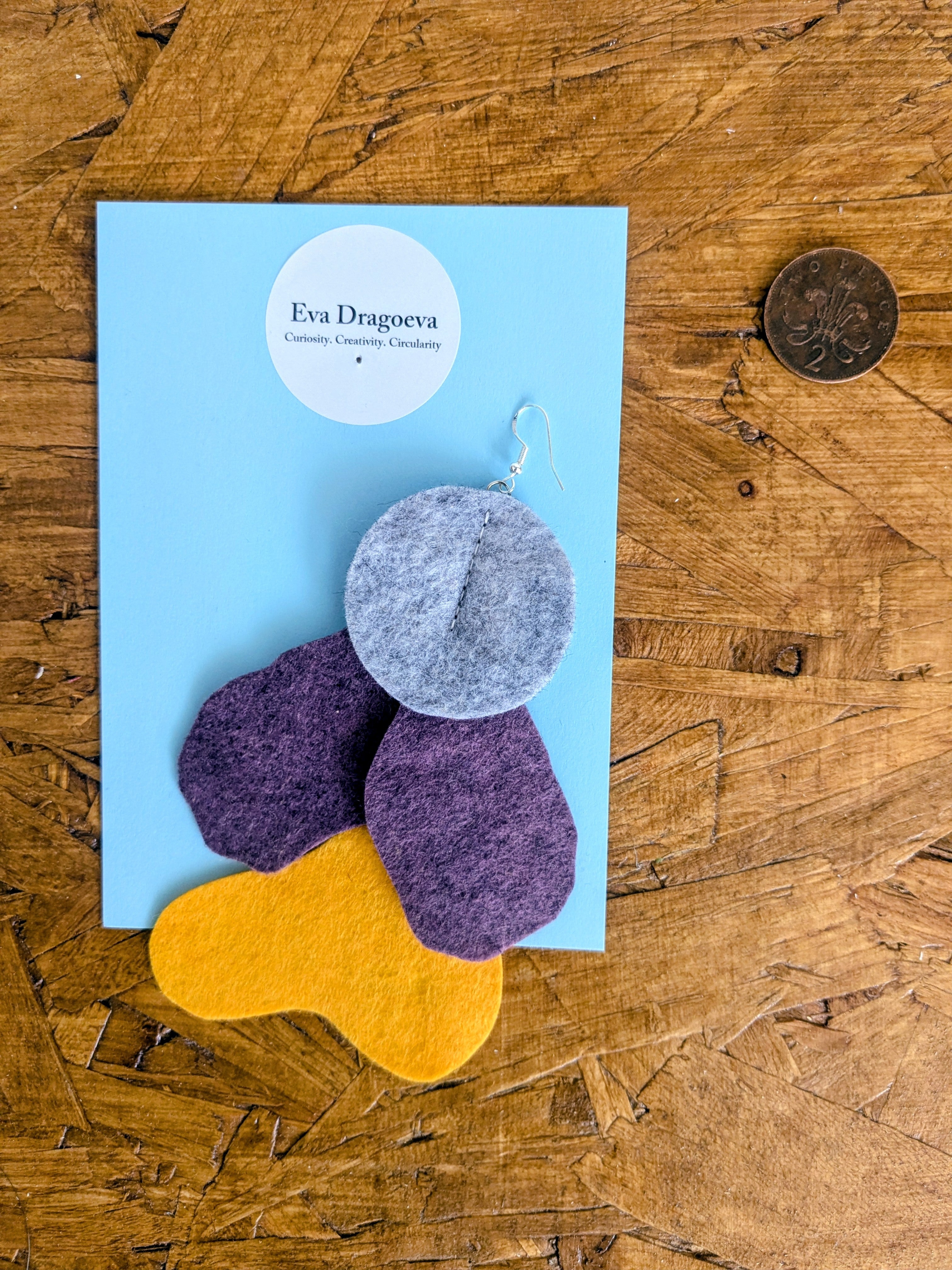 Single statement felt earrings in orange, purple, grey and blue