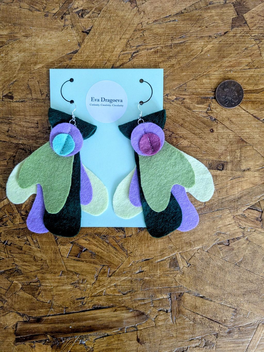 Large statement felt earrings in purple, yellow and green