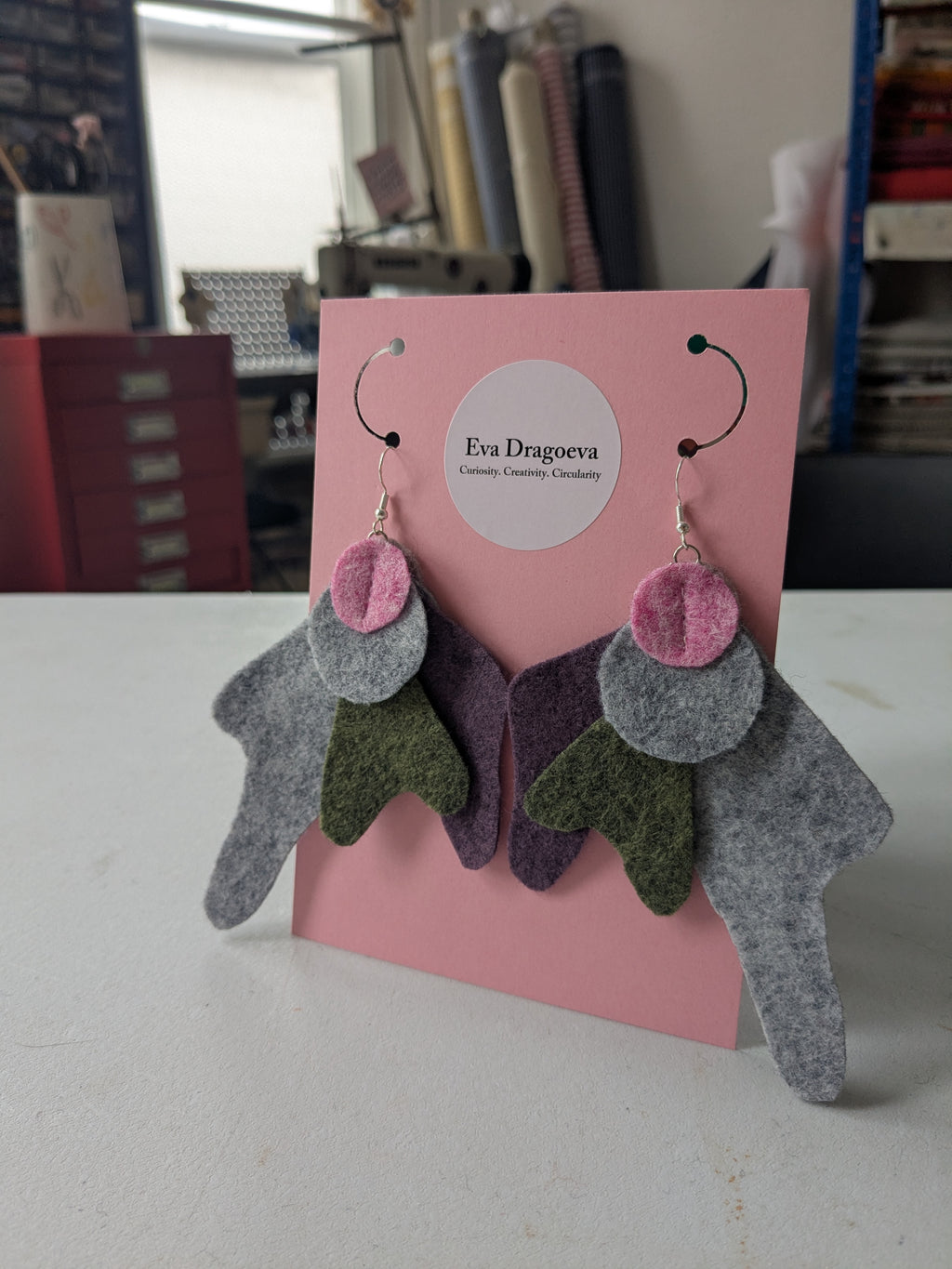 Heathered felt earrings in pink, grey, green and purple