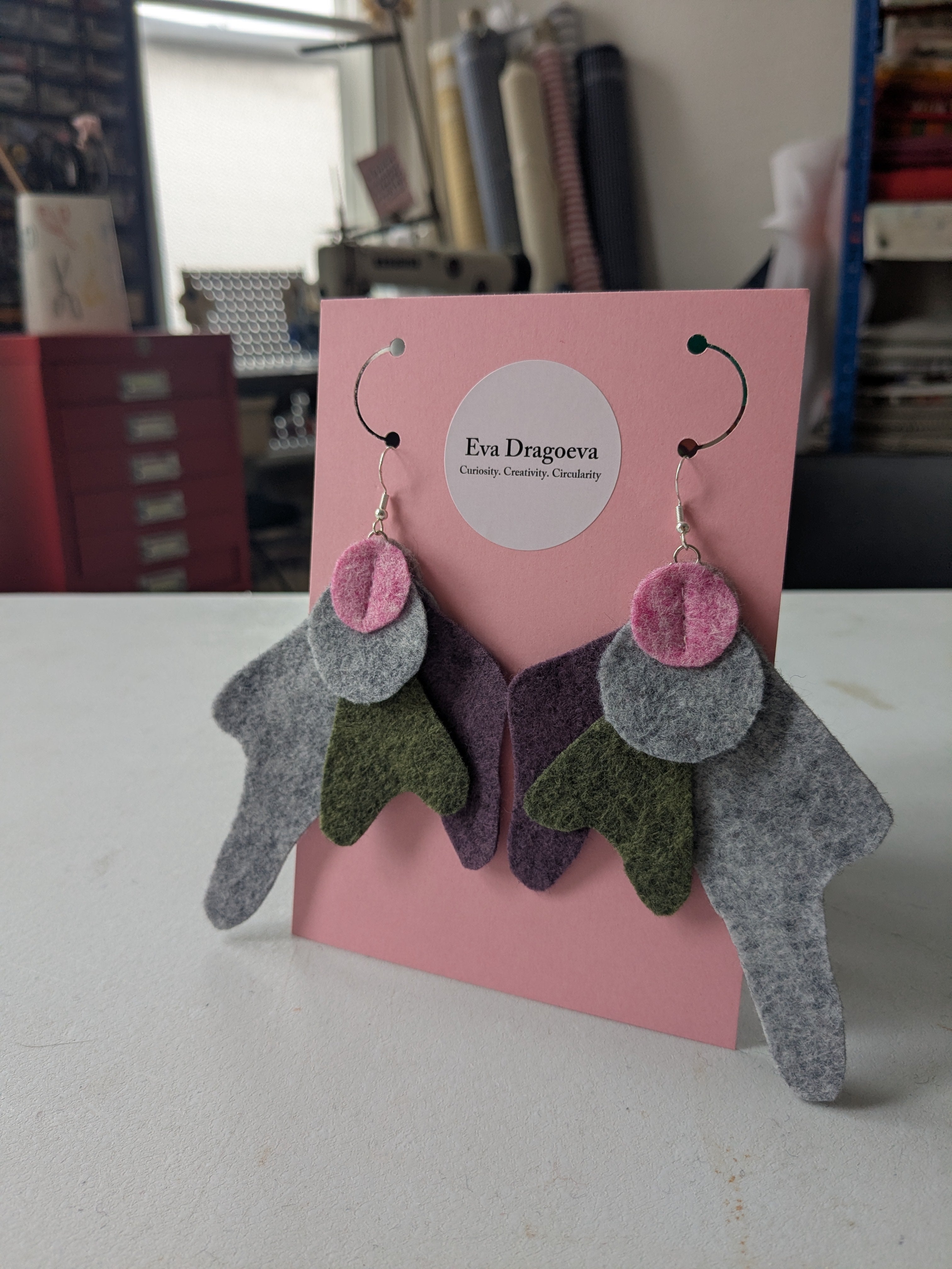 Heathered felt earrings in pink, grey, green and purple