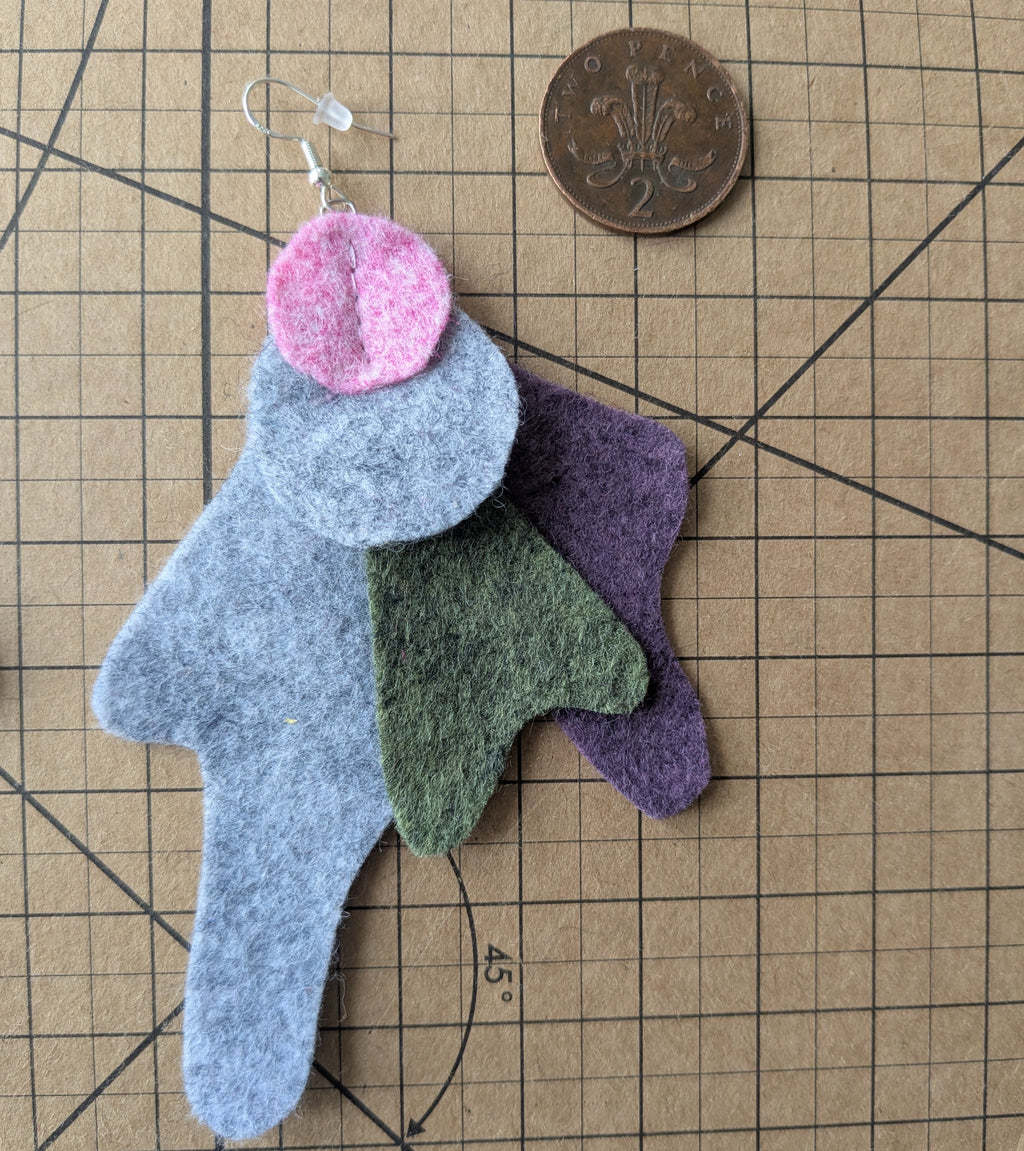 Heathered felt earrings in pink, grey, green and purple