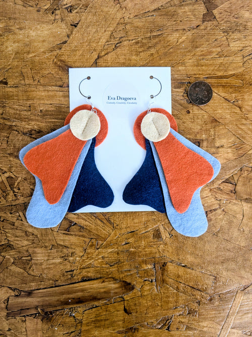 Large statement felt earrings in navy, yellow and orange