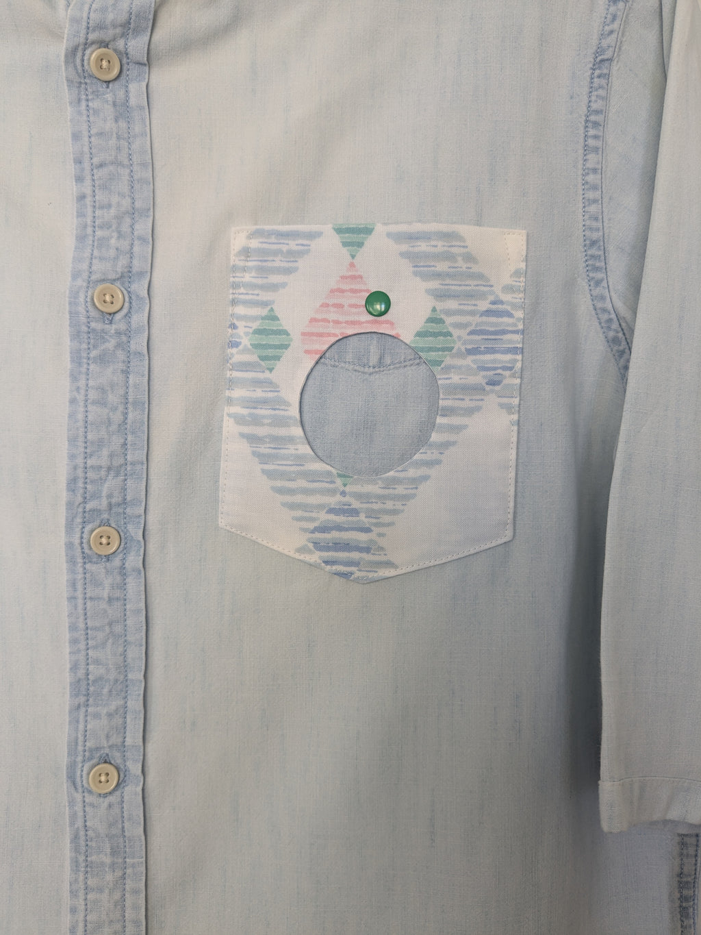 Upcycled denim shirt with a cool geometric pocket