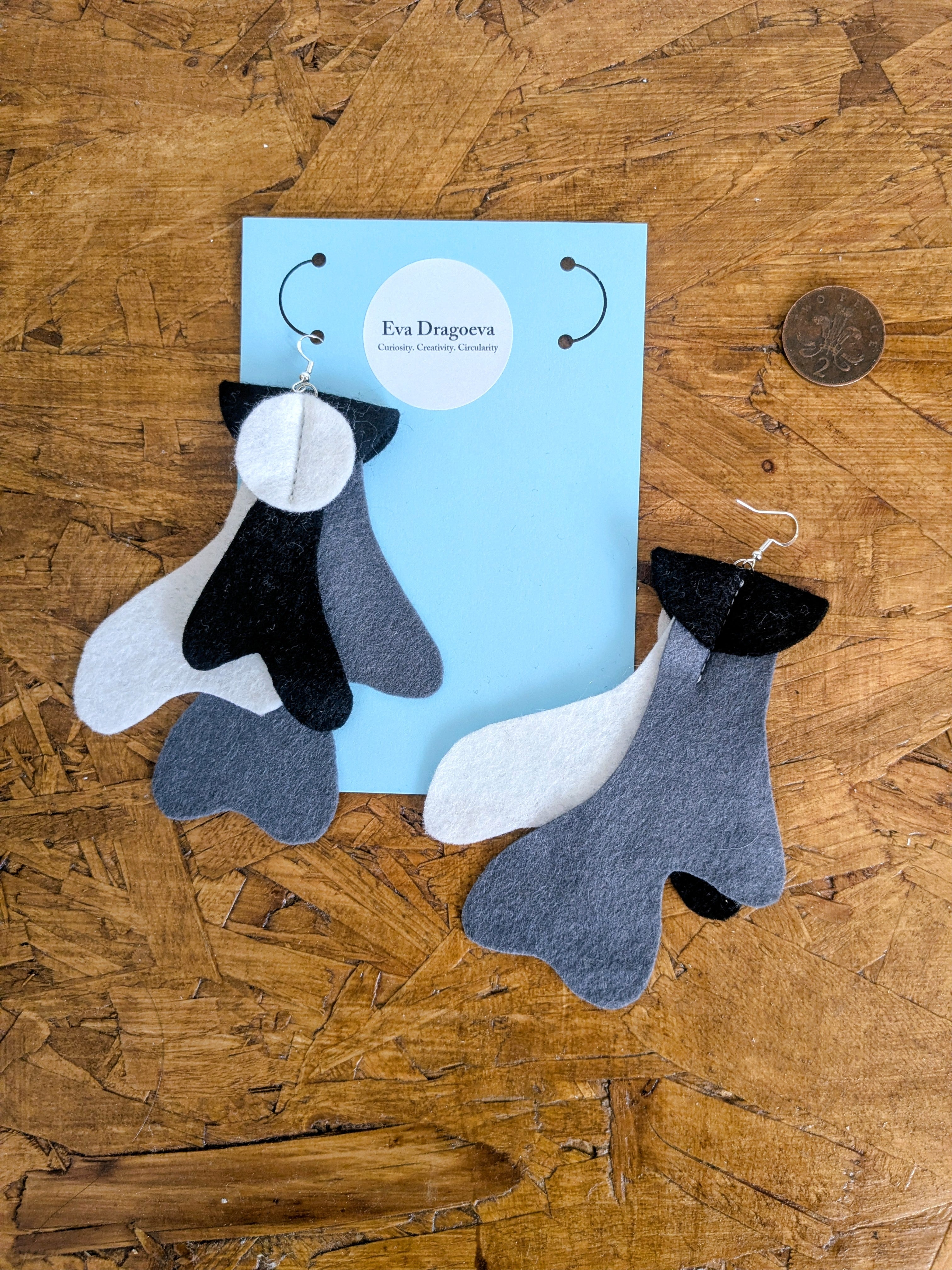 Large statement felt earrings in black, white and grey