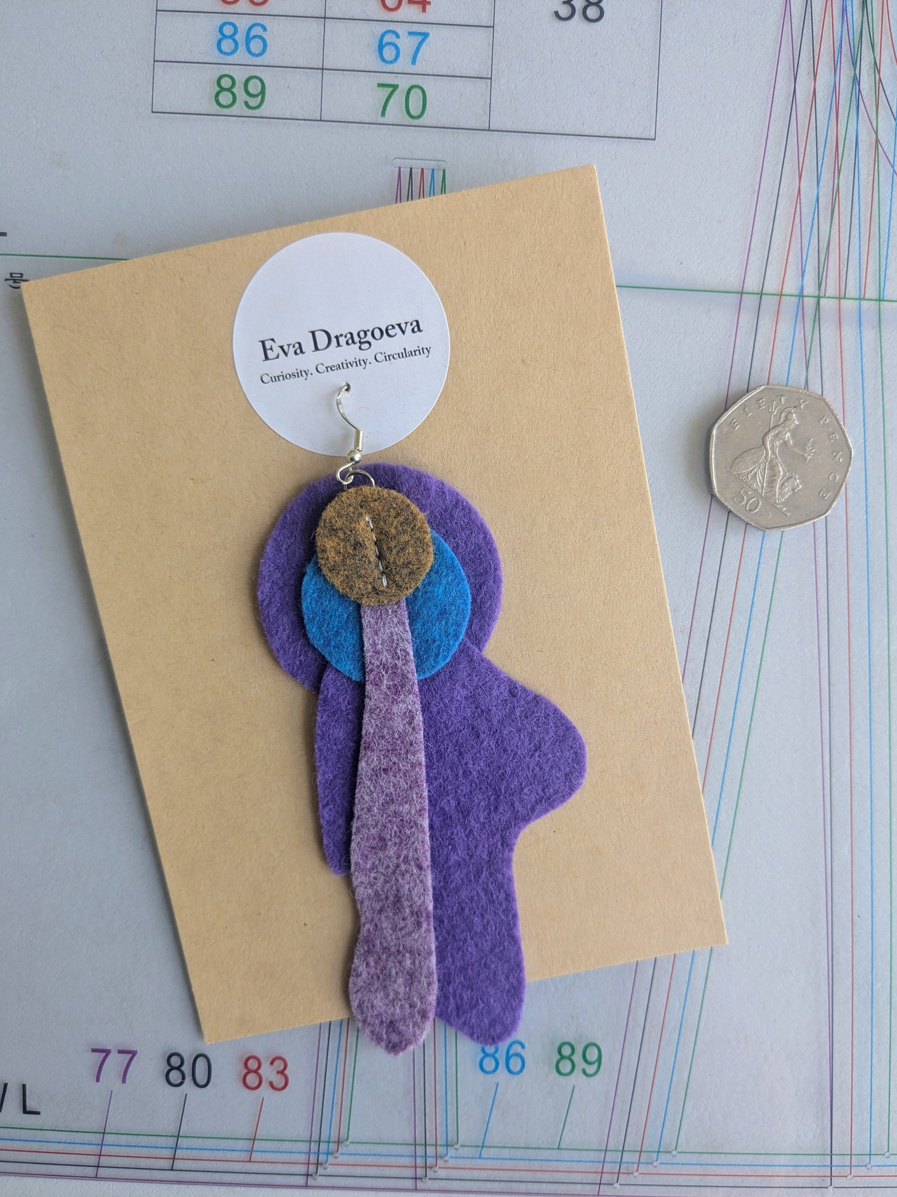 Single abstract felt earring in purple, blue and ochre
