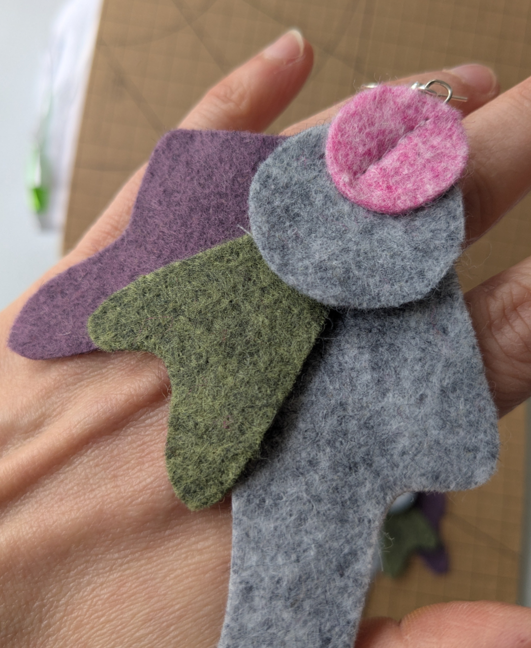 Heathered felt earrings in pink, grey, green and purple
