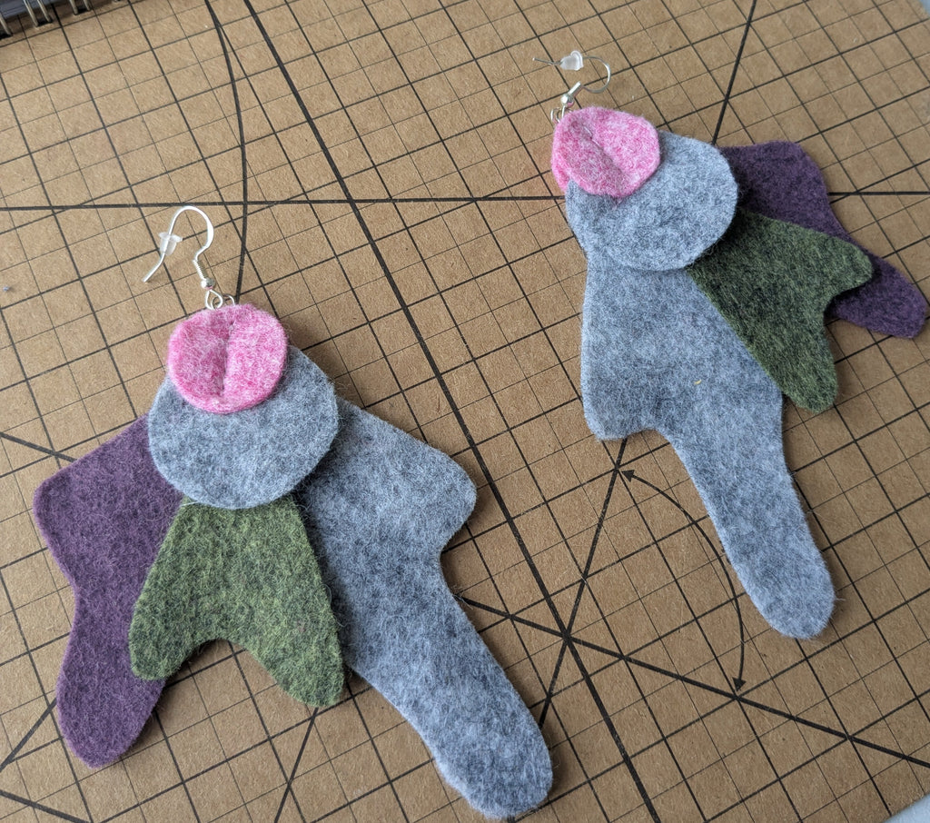 Heathered felt earrings in pink, grey, green and purple
